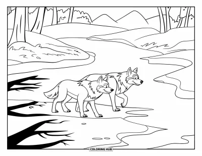 Wolfsrudel-Ausmalbild für Kinder: Zwei Wölfe überqueren einen zugefrorenen Fluss unter hohen Bäumen
