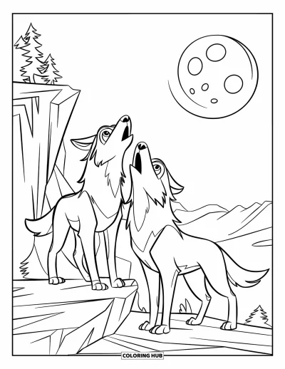 Wolfsrudel-Ausmalbild für Kinder: Zwei Wölfe heulen neben einer Klippe unter einem großen Mond