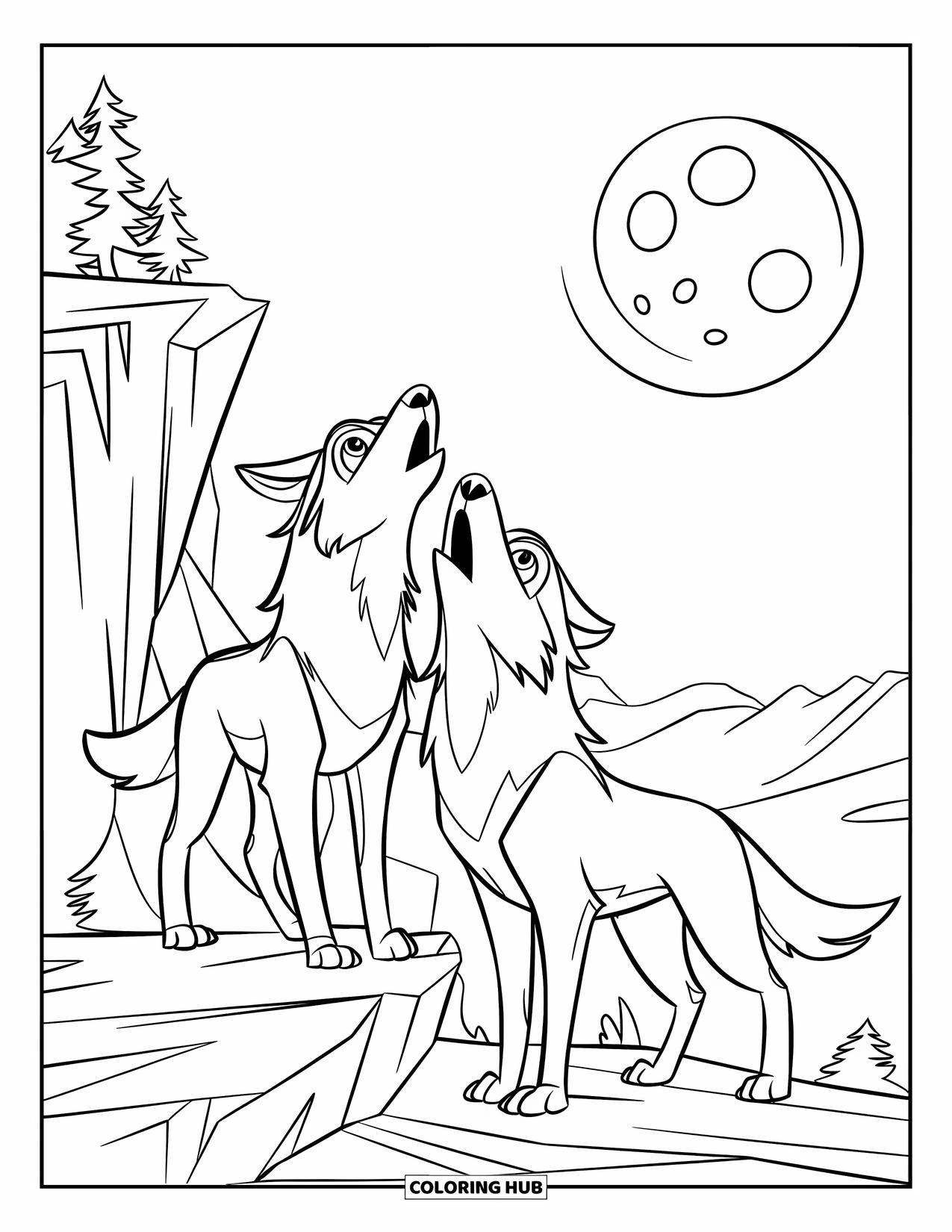 Wolf Pack Coloring Page for Kids: Two wolves howl beside a cliff under a big moon