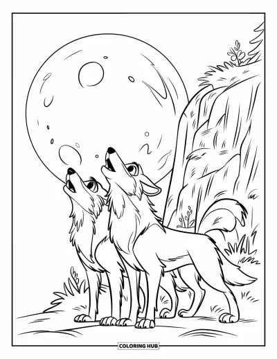 Wolfsrudel-Ausmalbild für Kinder: Zwei Wölfe heulen neben einer Felsklippe im Schein eines hellen Vollmonds