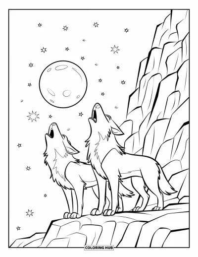 Wolfsrudel-Ausmalbild für Kinder: Wölfe heulen einen riesigen Mond unter einem Sternenhimmel an