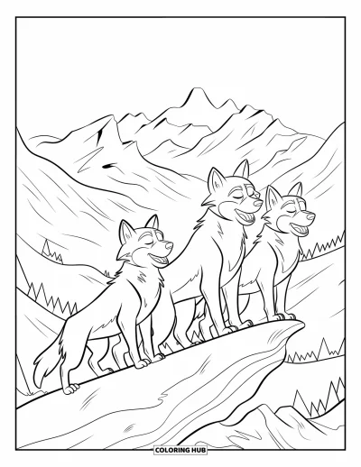 Wolfsrudel-Ausmalbild für Kinder: Wölfe heulen gemeinsam über einer weiten Bergkette