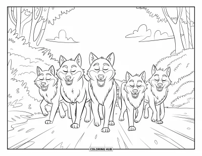 Wolfsrudel-Ausmalbild für Kinder: Wölfe marschieren in einer Reihe unter Bäumen und einem klaren Himmel