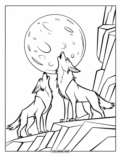 Wolfsrudel-Ausmalbild für Kinder: Wölfe heben ihre Köpfe und heulen einen Kratermond an