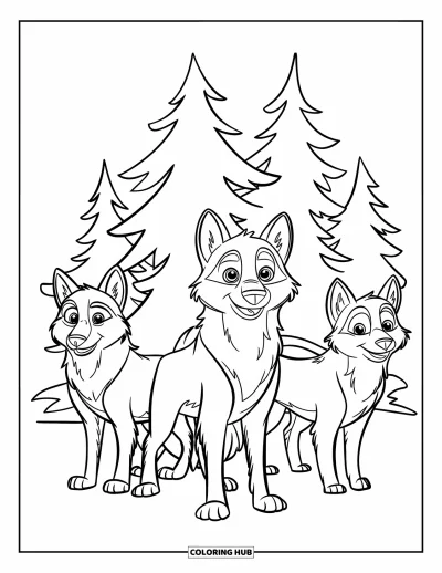 Wolfsrudel-Ausmalbild für Kinder: Wölfe stehen zusammen bei schlichten Kiefern auf verschneitem Boden