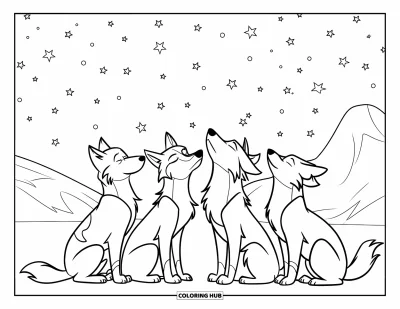 Wolfsrudel-Ausmalbild für Kinder: Wölfe recken ihre Köpfe in den Himmel unter einem funkelnden Sternenzelt