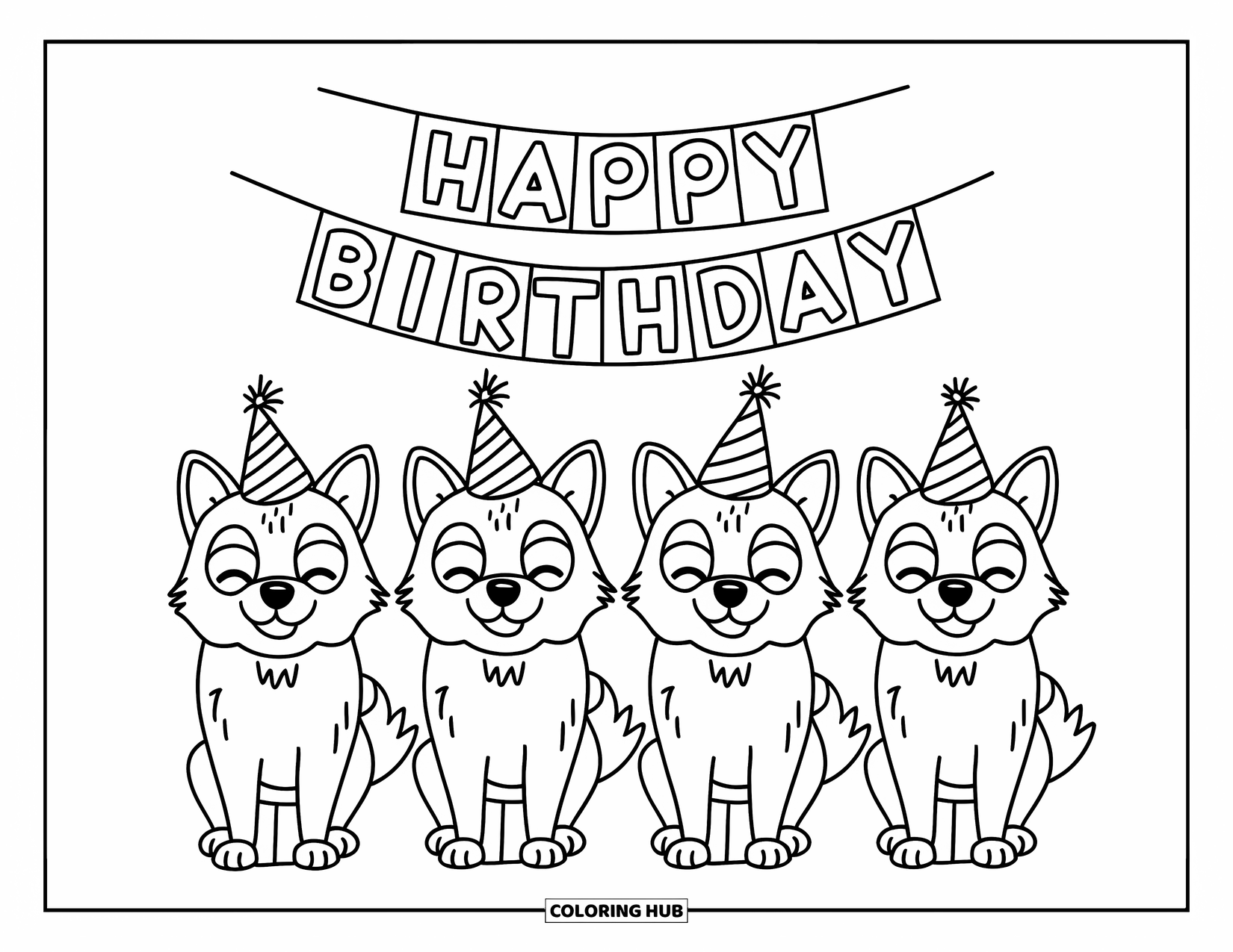Wolf Pack Coloring Page for Kids: Wolves wear party hats under a birthday banner