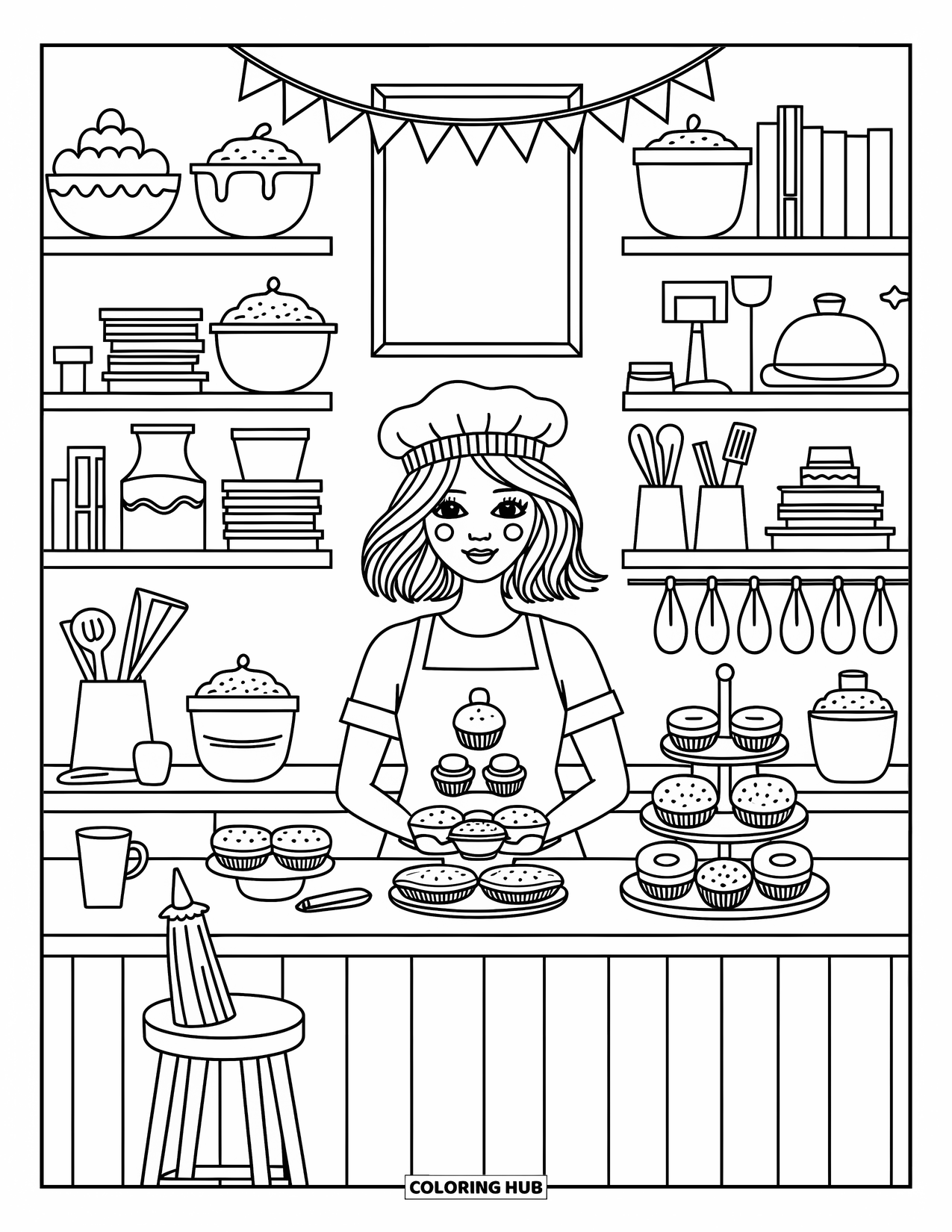 Woman Coloring Page for Adults: Baker arranging cupcakes and donuts behind a cozy counter