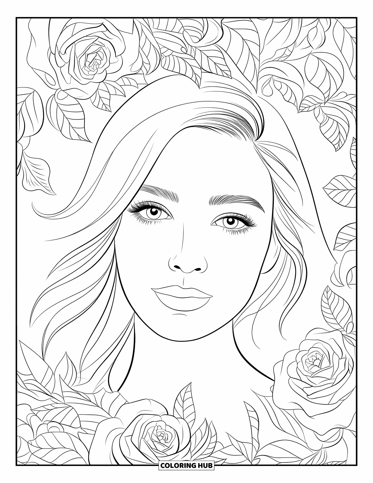 Woman Coloring Page for Adults: Beautiful woman with flowing hair framed by rose mandala