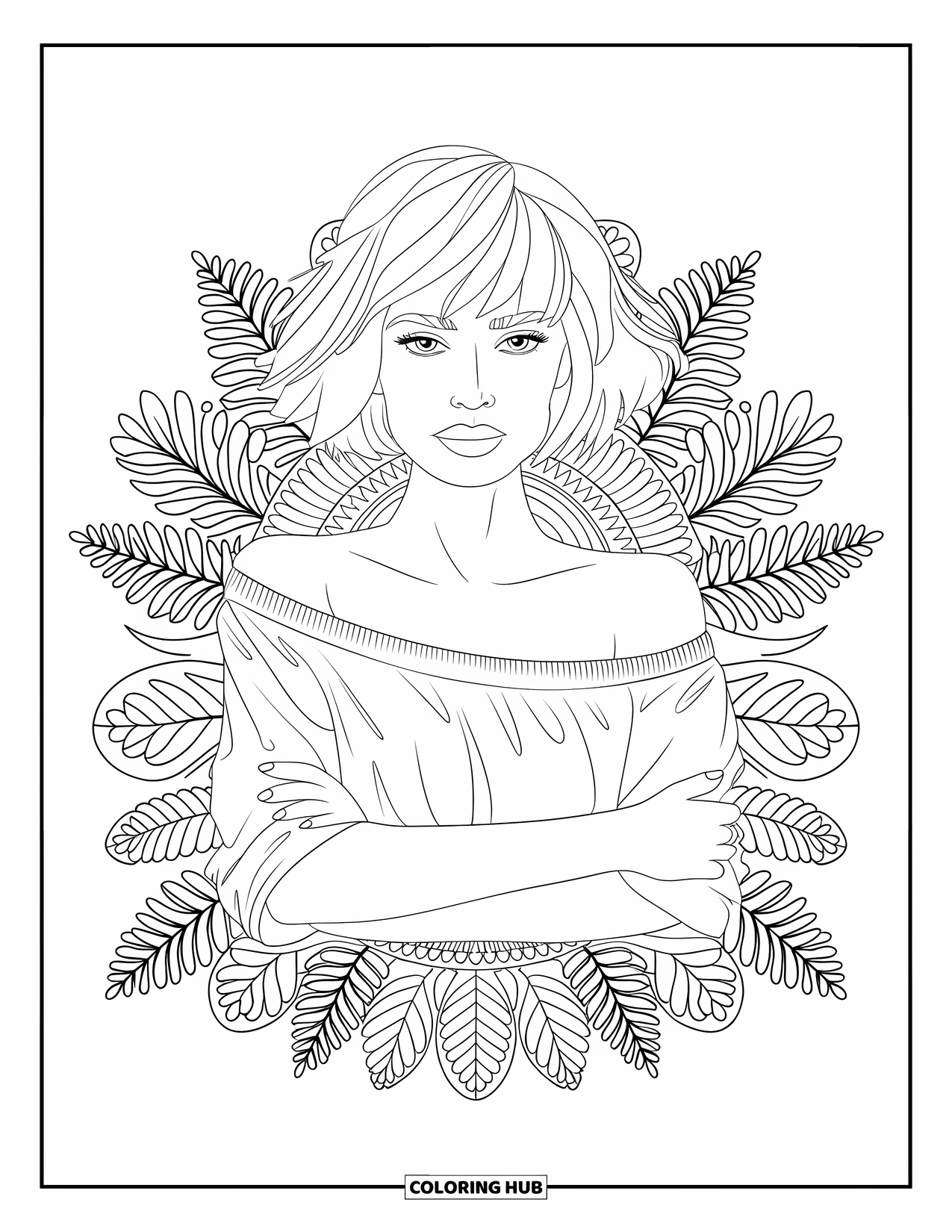 Woman Coloring Page for Adults: Confident woman with tousled bob in a leafy mandala