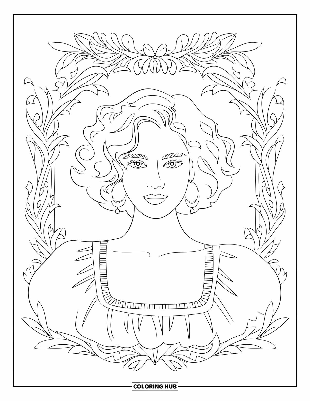 Woman Coloring Page for Adults: Curly-haired woman with earrings in a botanical frame