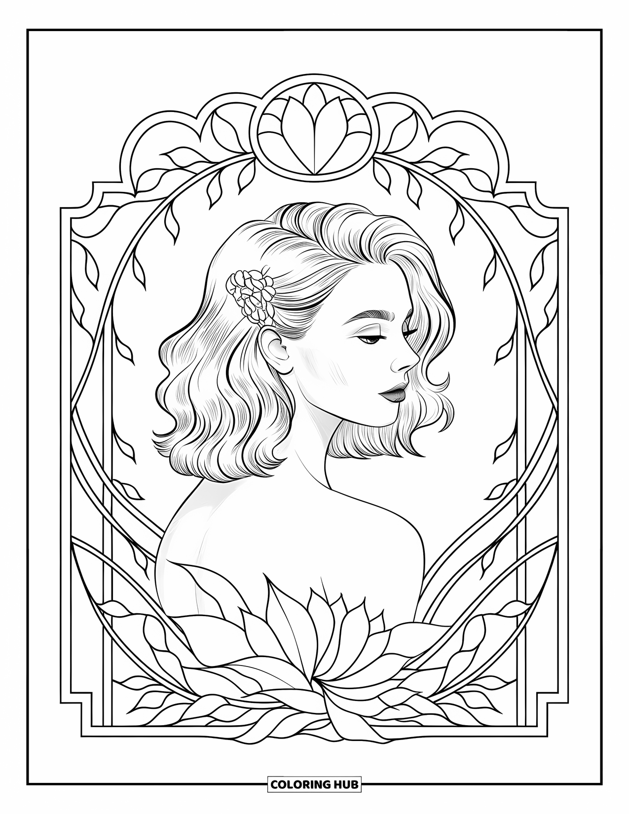 Woman Coloring Page for Adults: Graceful woman with floral clip framed by stained glass