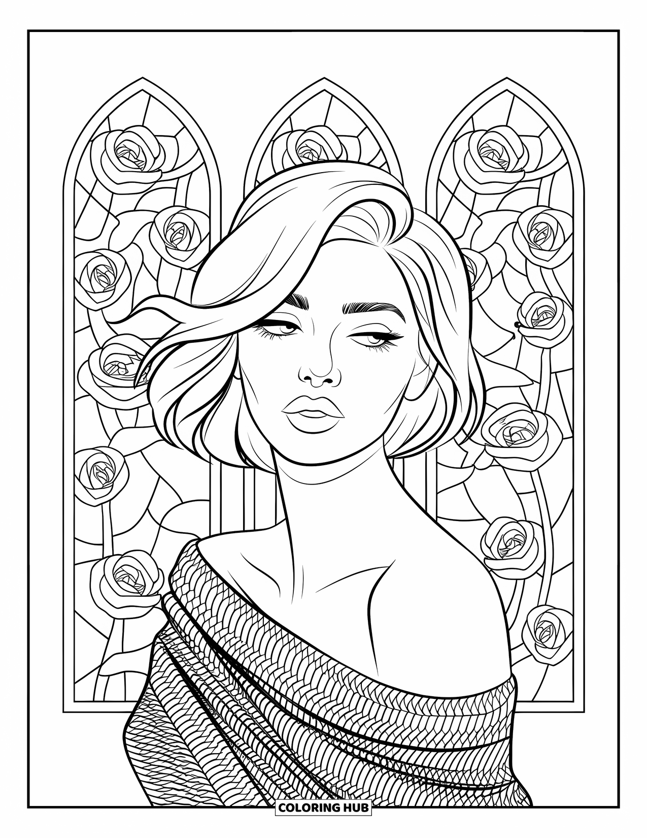 Woman Coloring Page for Adults: Graceful woman with scarf framed by rose stained glass