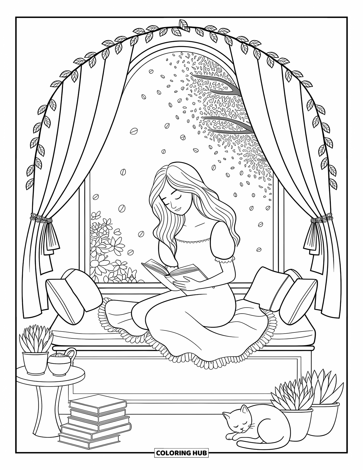 Woman Coloring Page for Adults: Relaxed woman reading by the window with a flowering tree