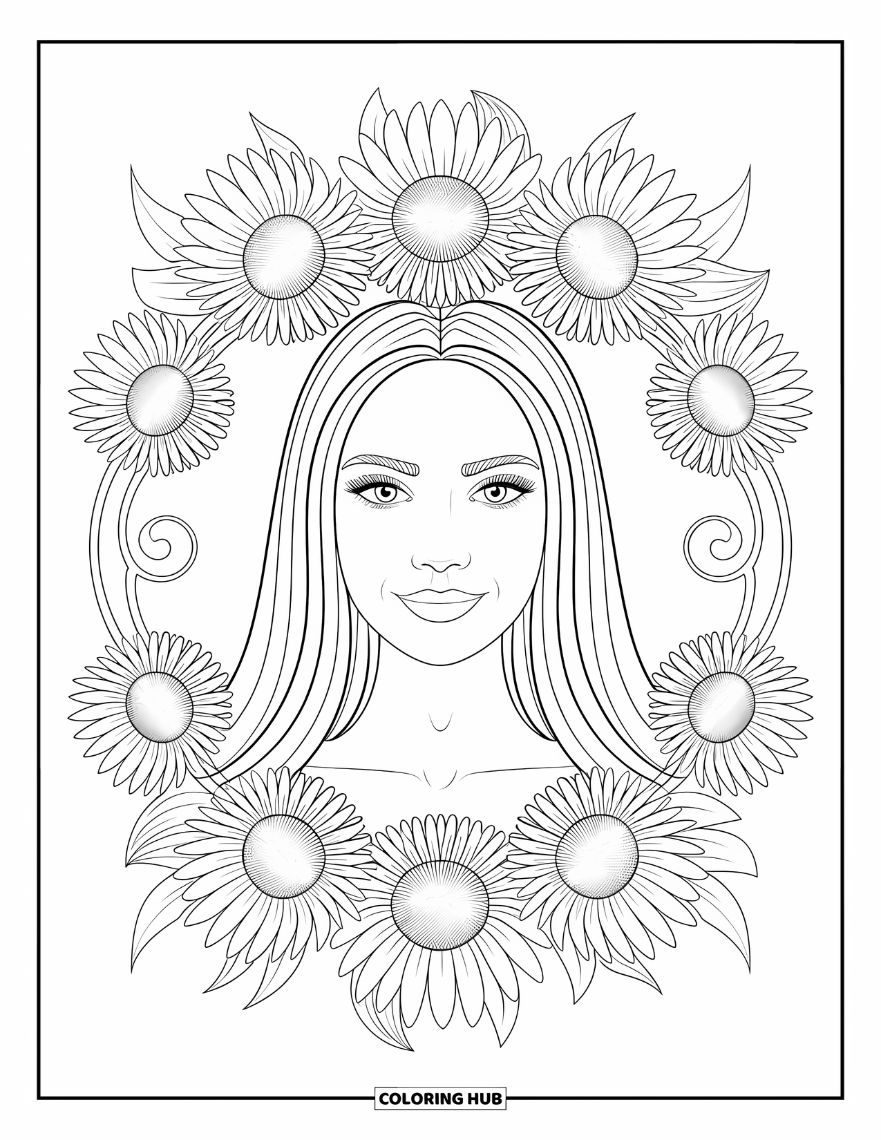 Woman Coloring Page for Adults: Smiling woman with straight hair in sunflower mandala