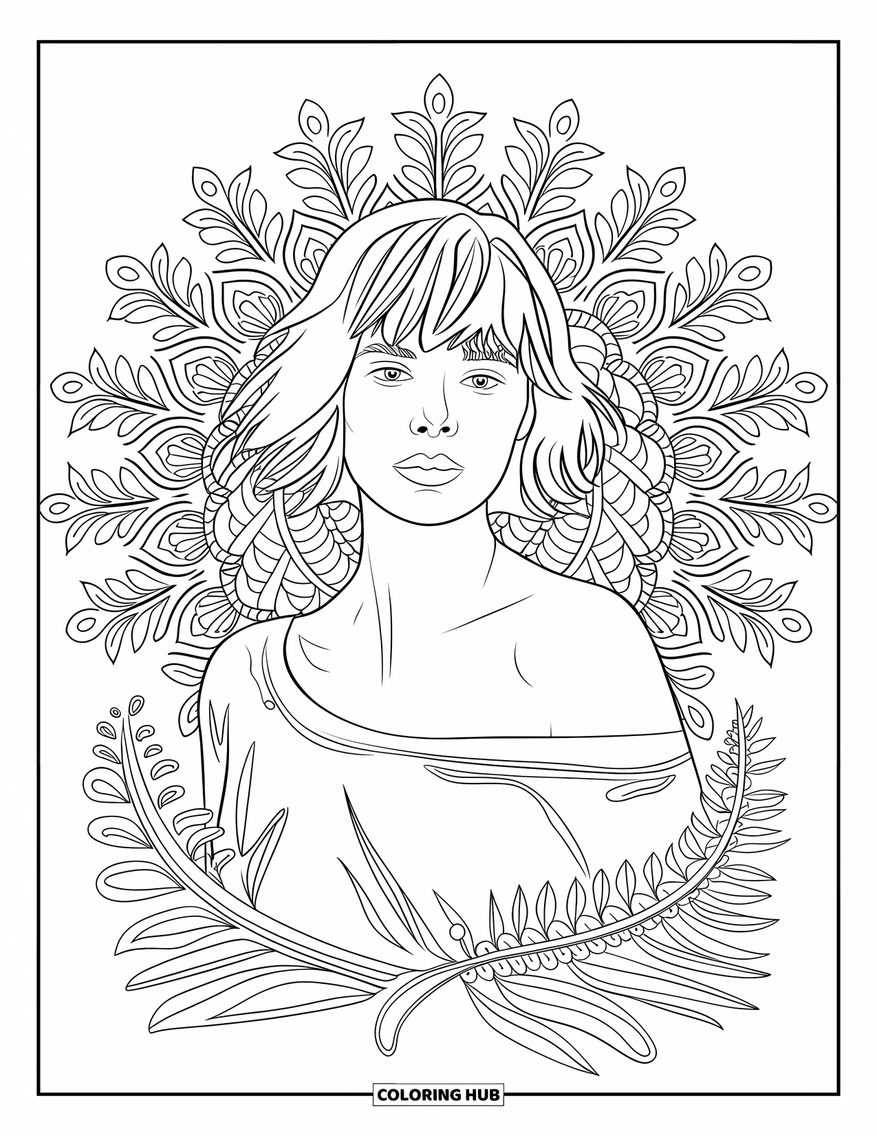 Woman Coloring Page for Adults: Stylish woman with bob haircut framed by fern mandala
