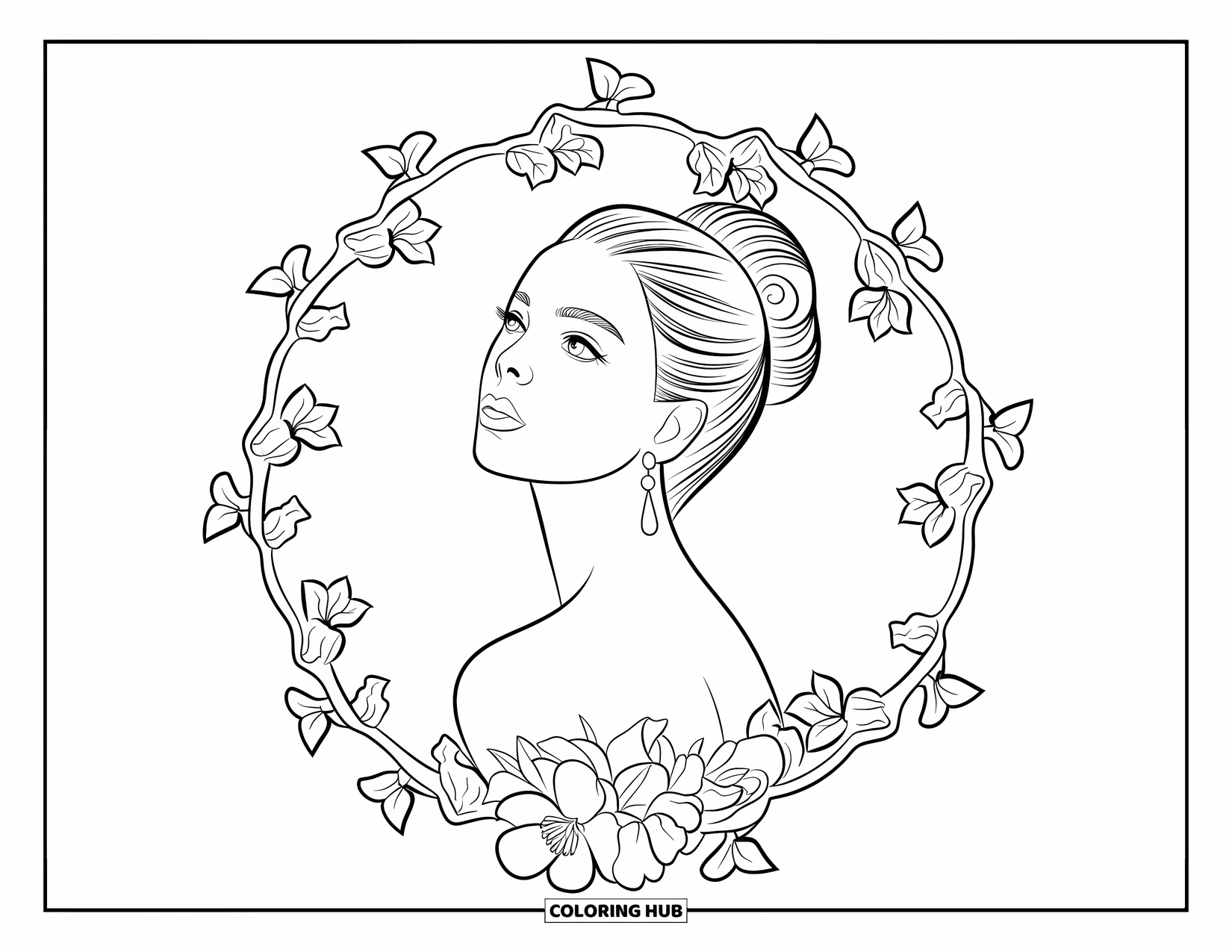 Woman Coloring Page for Adults: Woman with bun and pearls centered in floral mandala