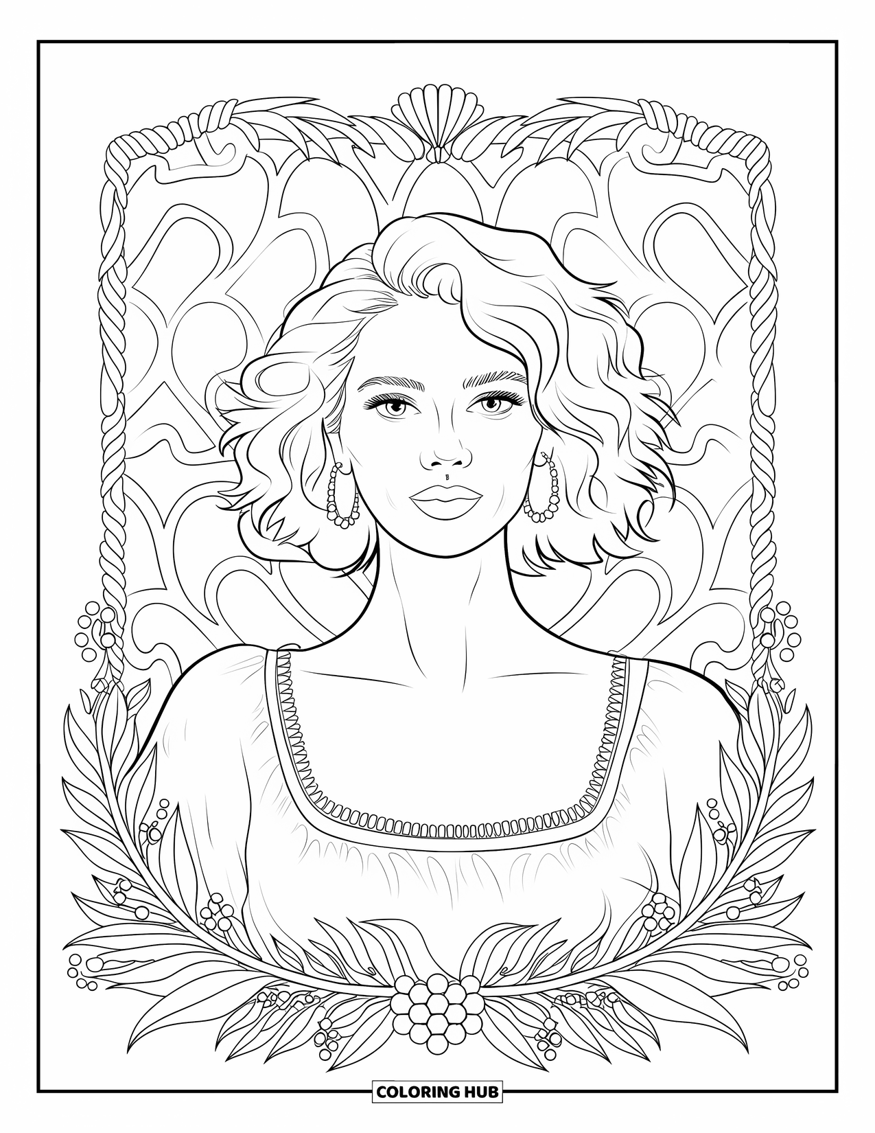 Woman Coloring Page for Adults: Woman with curls framed by detailed botanical design