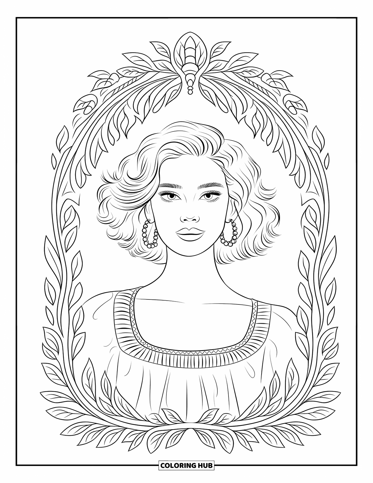 Woman Coloring Page for Adults: Woman with curls, hoop earrings, and botanical blouse frame