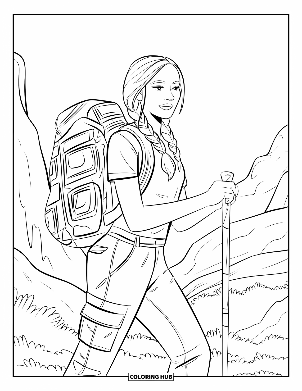 Woman Coloring Page for Kids: Adventurous woman hiking with braid, backpack, and walking stick