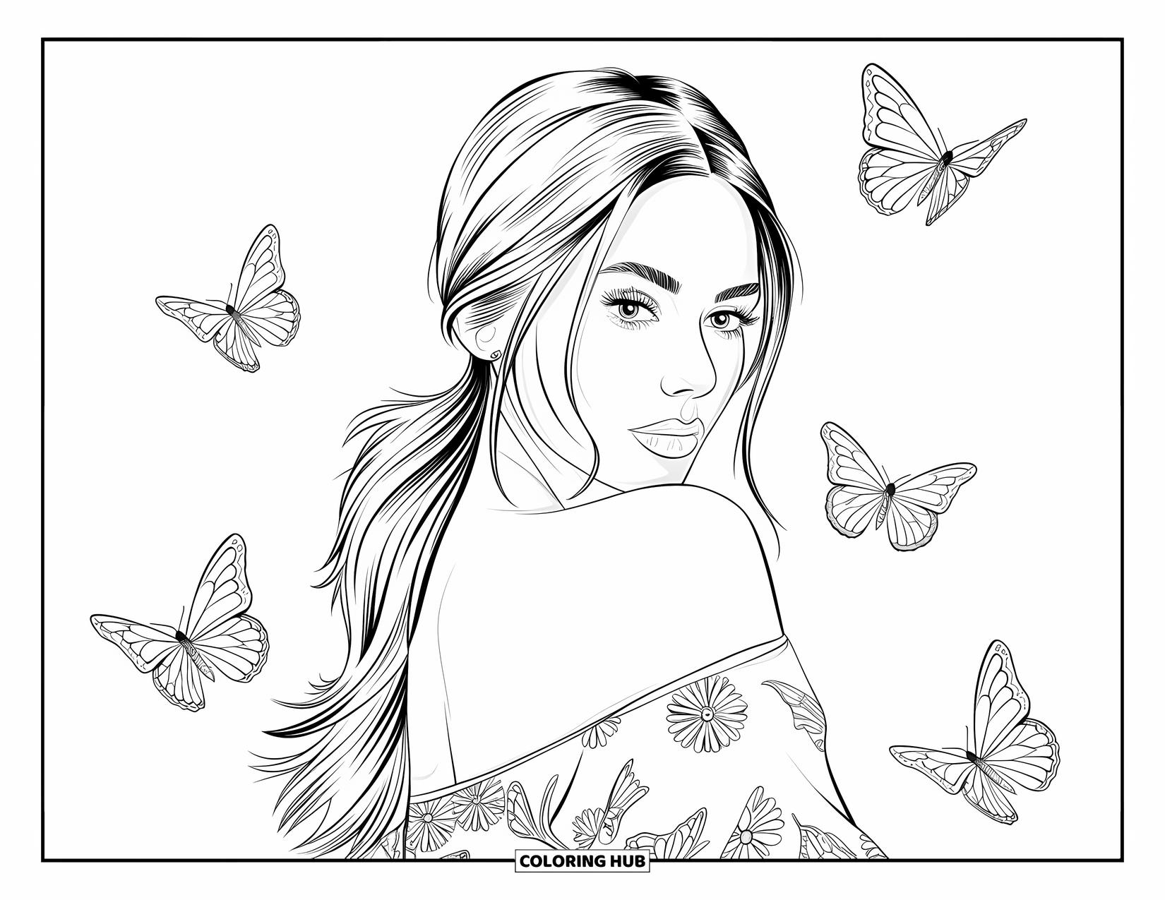 Woman Coloring Page for Kids: Beautiful woman with ponytail, floral top, and flying butterflies