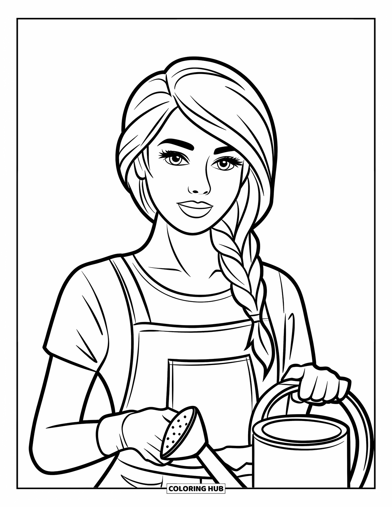Woman Coloring Page for Kids: Calm woman with braid and apron holding watering can