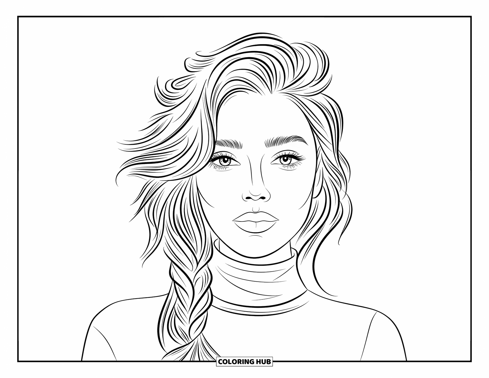 Woman Coloring Page for Kids: Calm woman with long tousled hair in a side twist and turtleneck