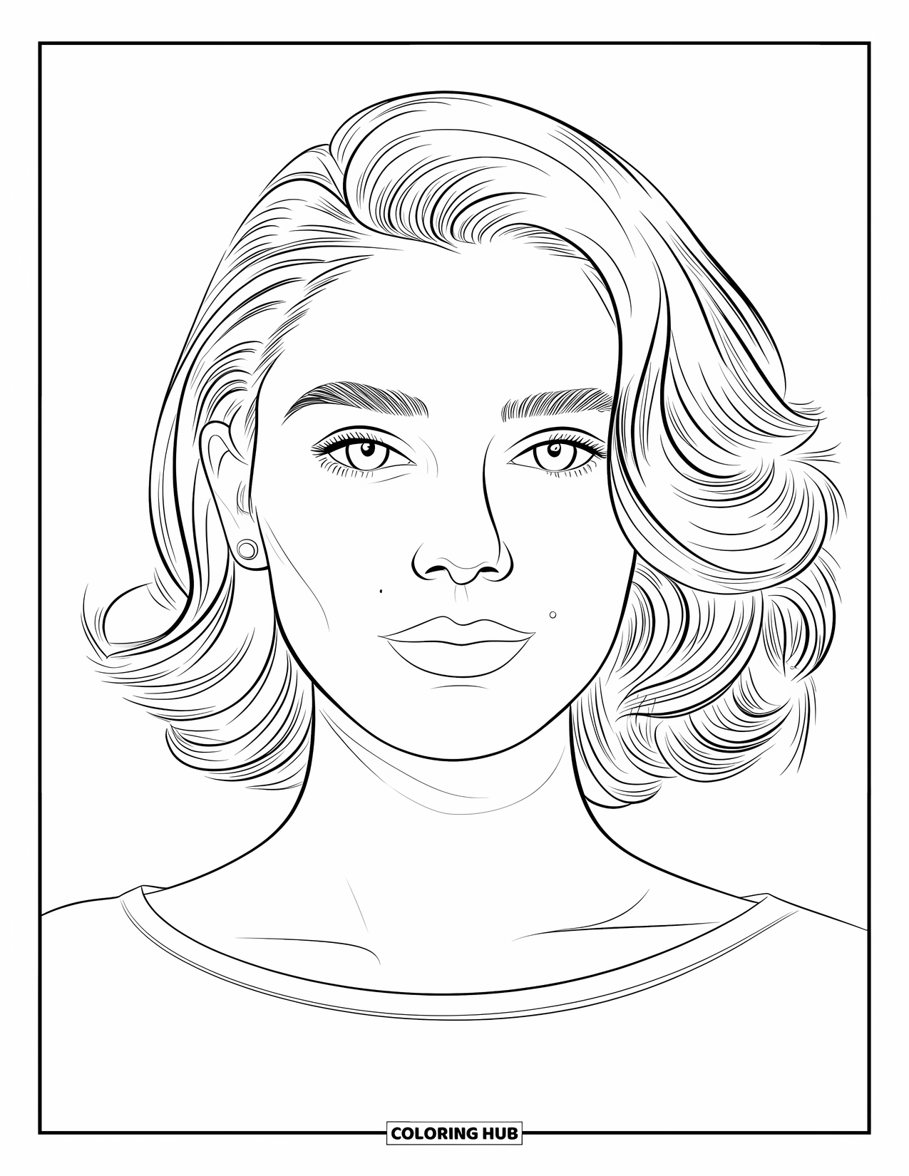 Woman Coloring Page for Kids: Charming woman with curls, bold brows, and stud earrings