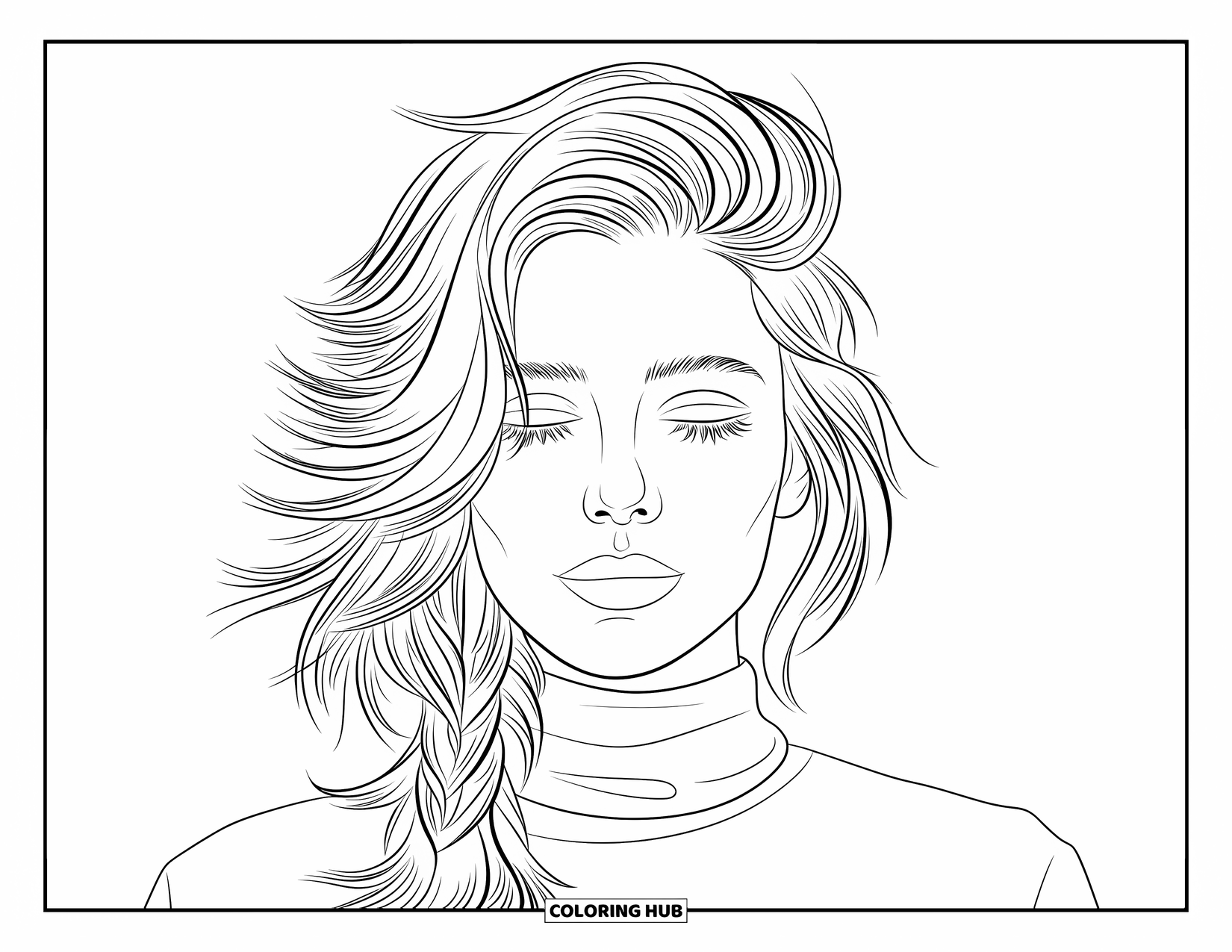 Woman Coloring Page for Kids: Dreamy-eyed woman with tousled hair in a side twist and turtleneck