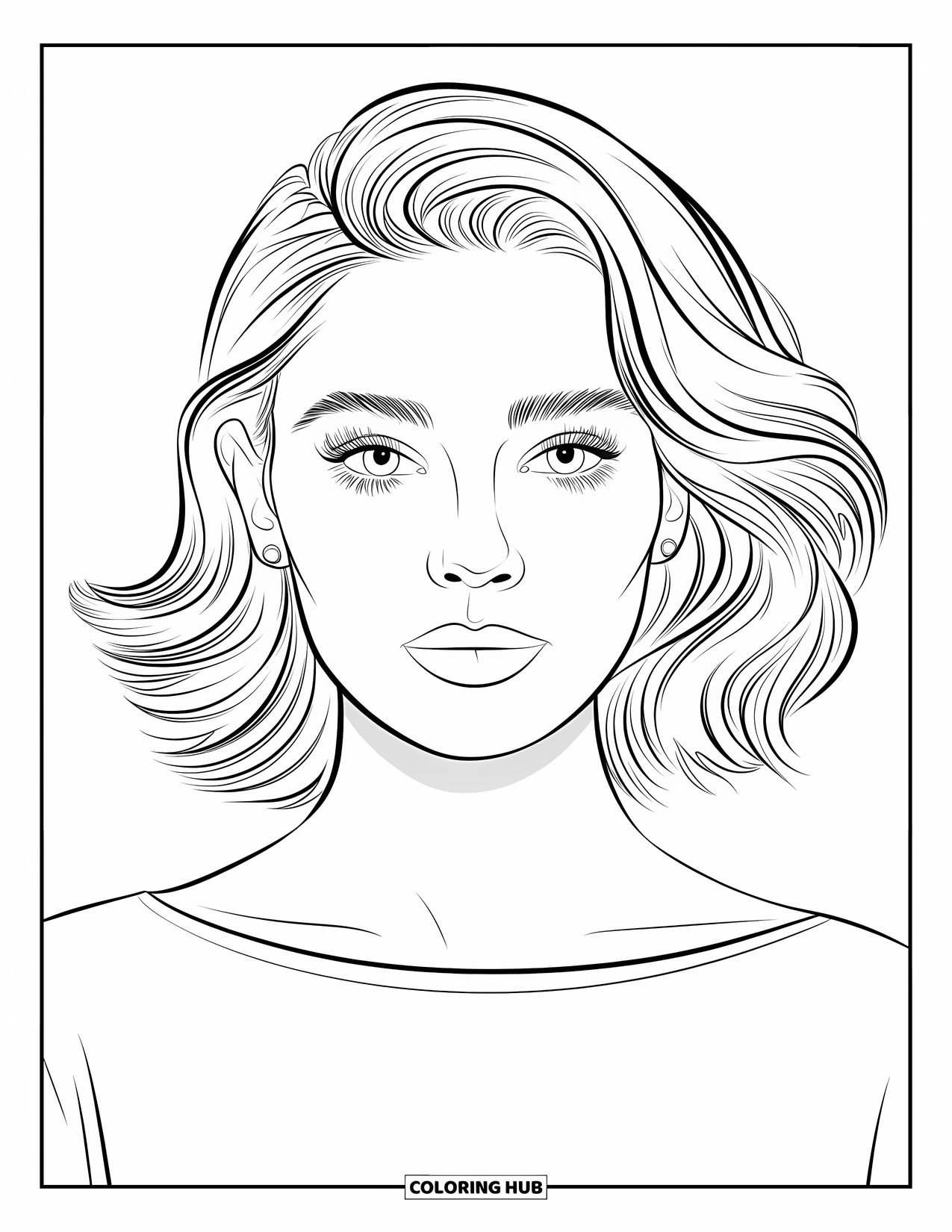 Woman Coloring Page for Kids: Elegant woman with bold brows, curls, and a boat-neck top