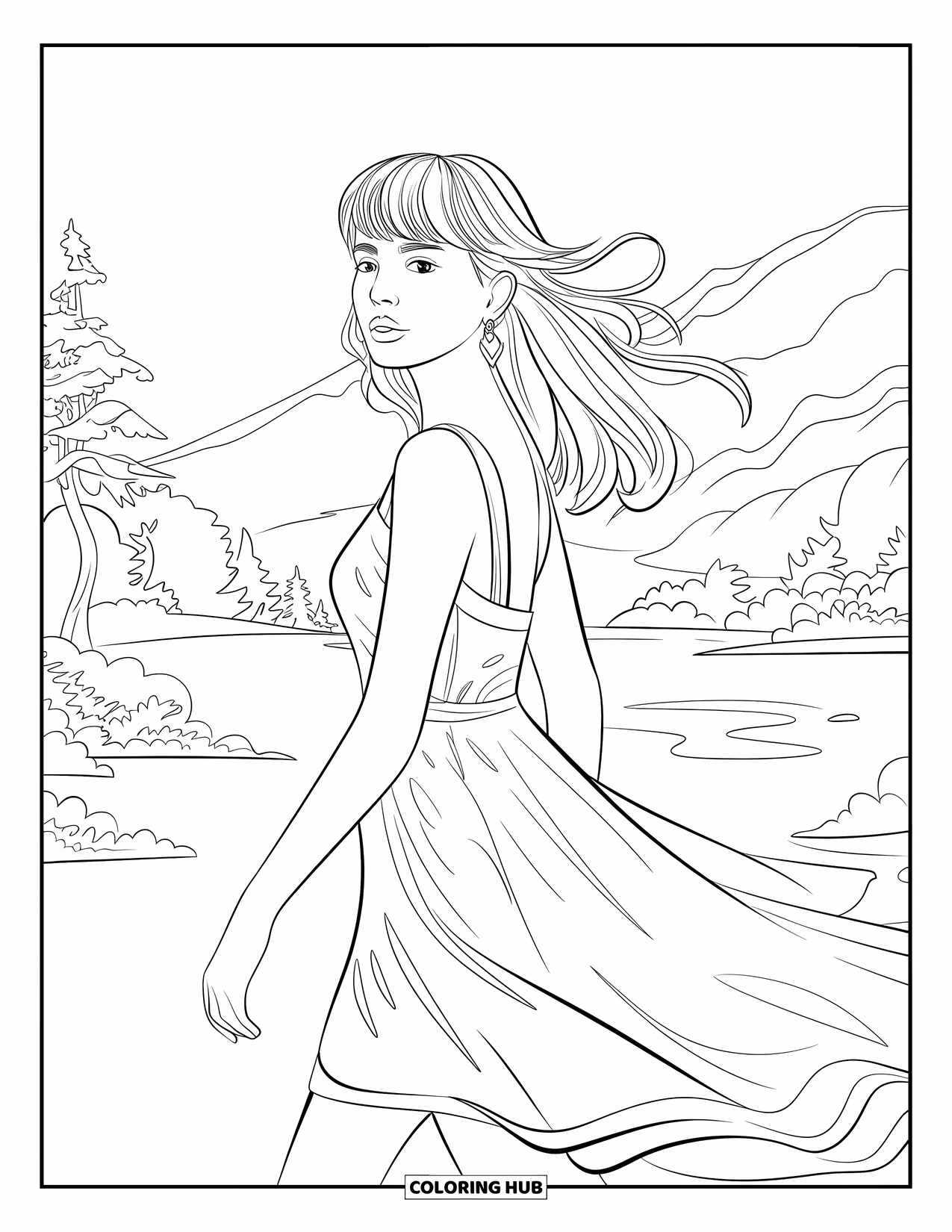 Woman Coloring Page for Kids: Graceful woman with curtain bangs in a flowing dress
