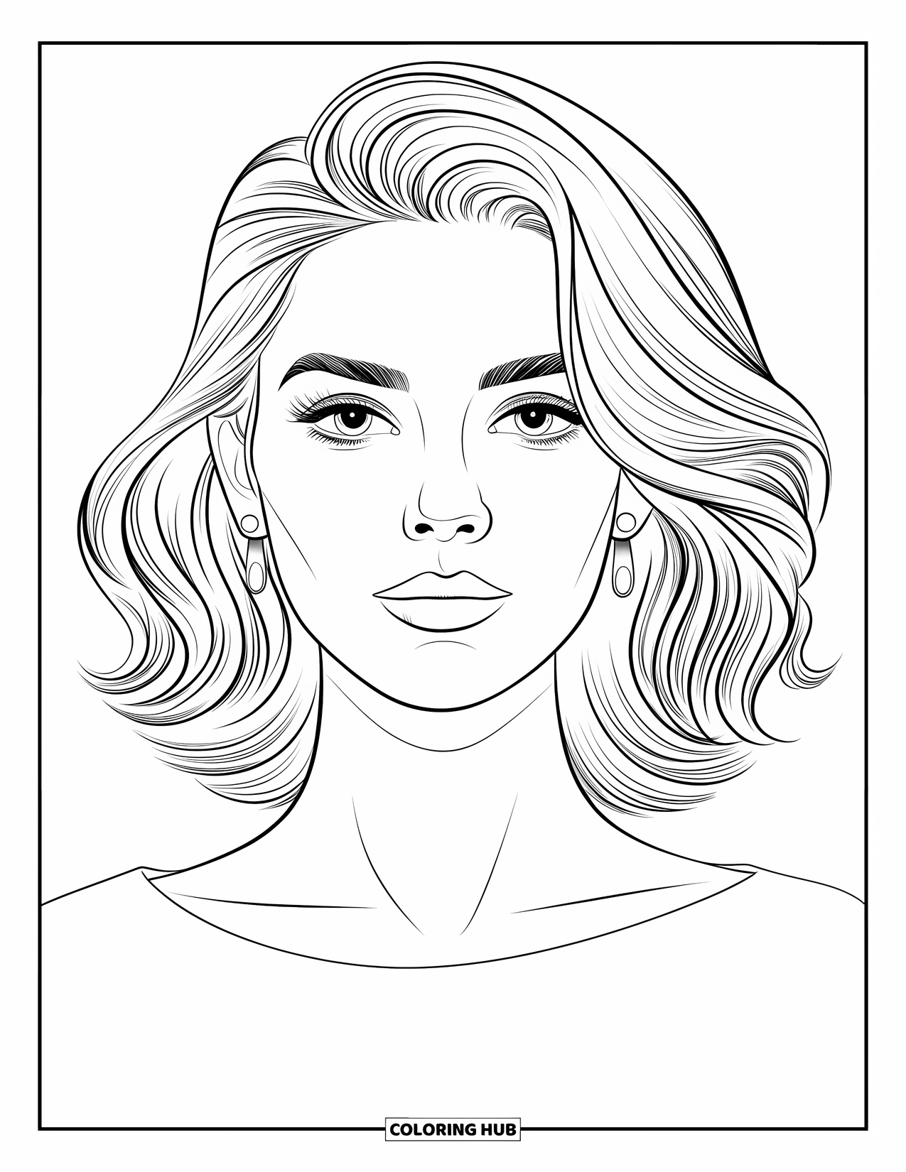 Woman Coloring Page for Kids: Serene woman with curls, bold brows, and stud earrings