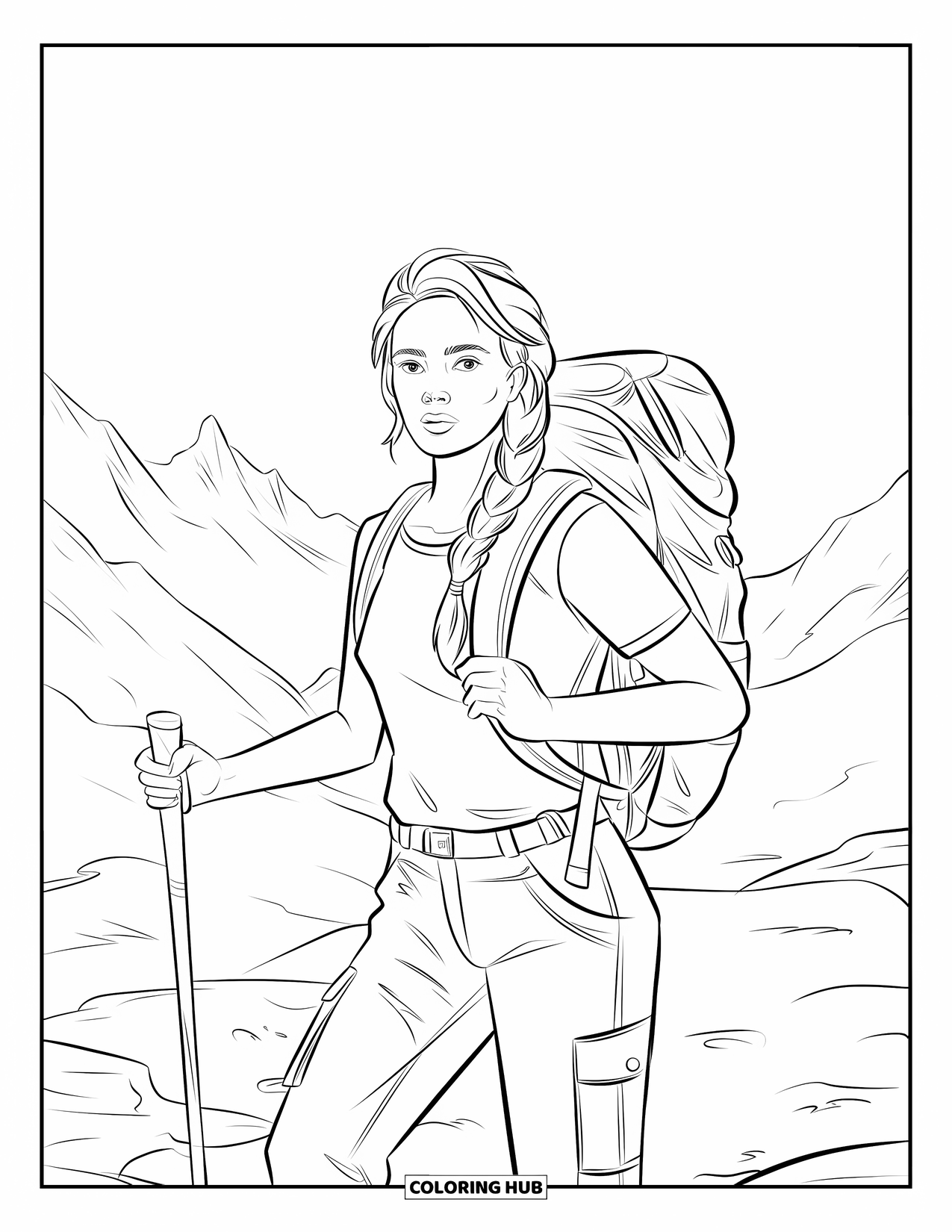 Woman Coloring Page for Kids: Strong woman hiking with braid and determined expression