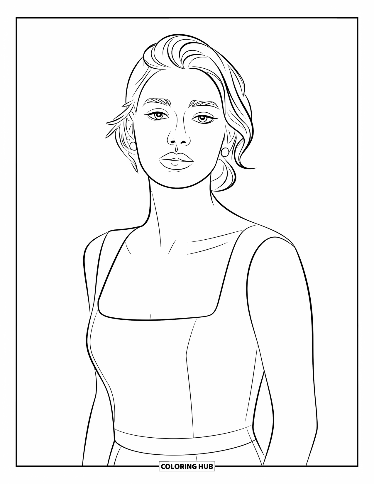 Woman Coloring Page for Kids: Stylish woman with a low bun and earrings in a square neckline dress