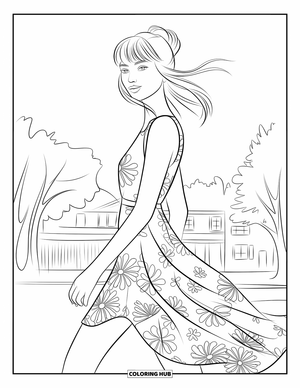 Woman Coloring Page for Kids: Stylish woman with curtain bangs in floral dress walking outdoors