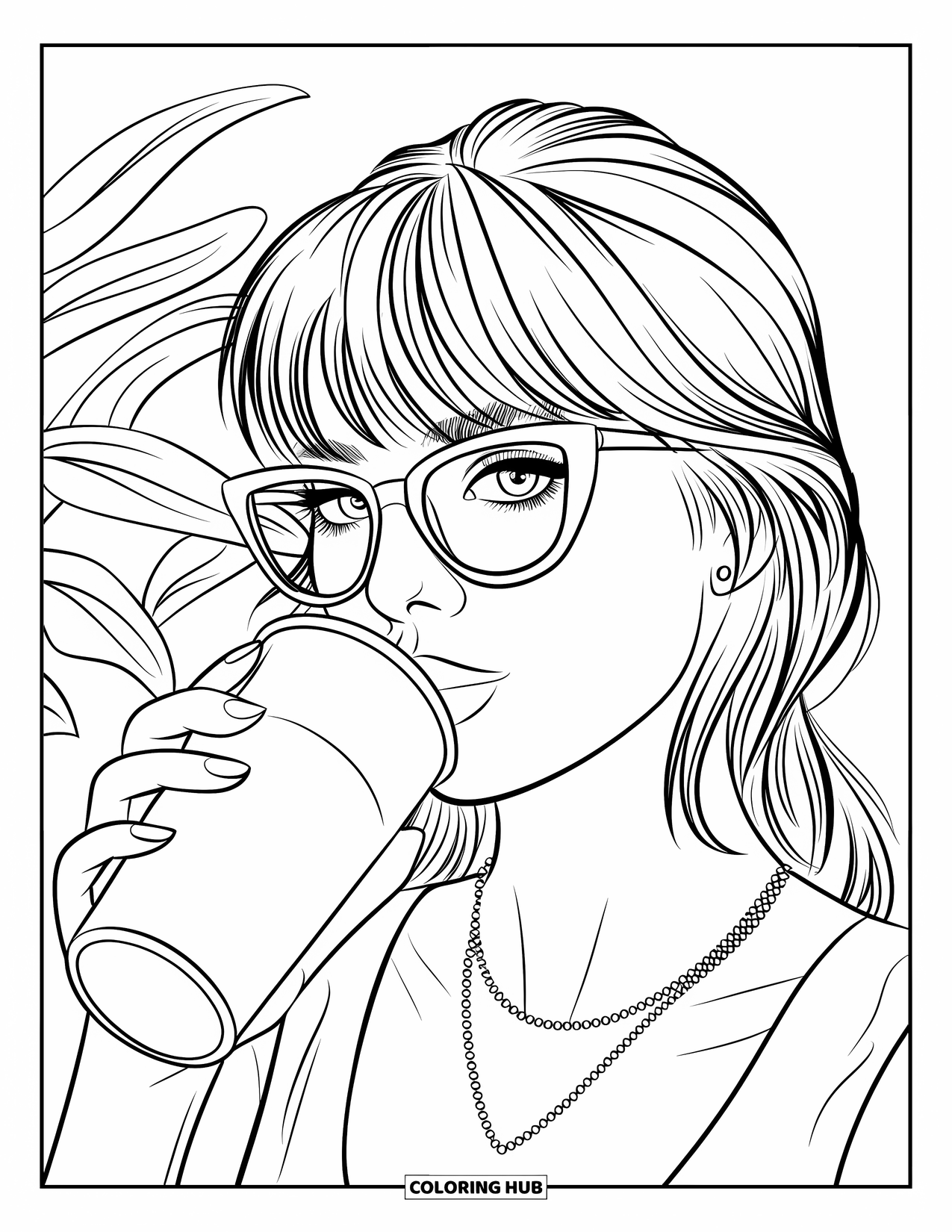 Woman Coloring Page for Kids: Stylish woman with glasses sipping from a cup and necklace