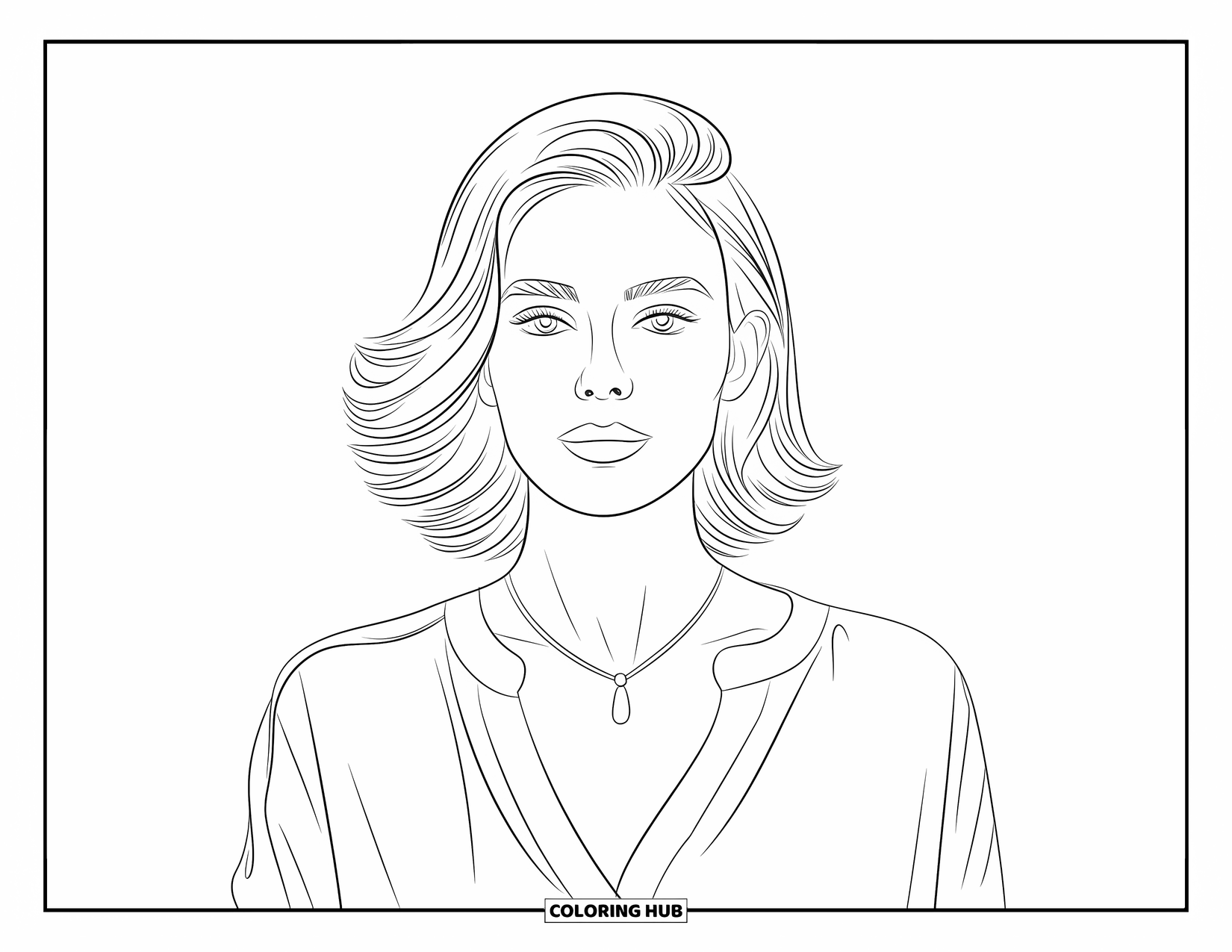 Woman Coloring Page for Kids: Stylish woman with layered hair and pendant necklace