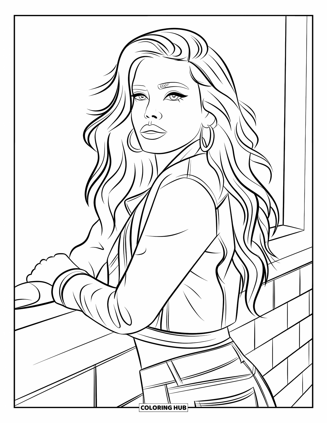 Woman Coloring Page for Kids: Stylish woman with long waves and hoop earrings in a jacket