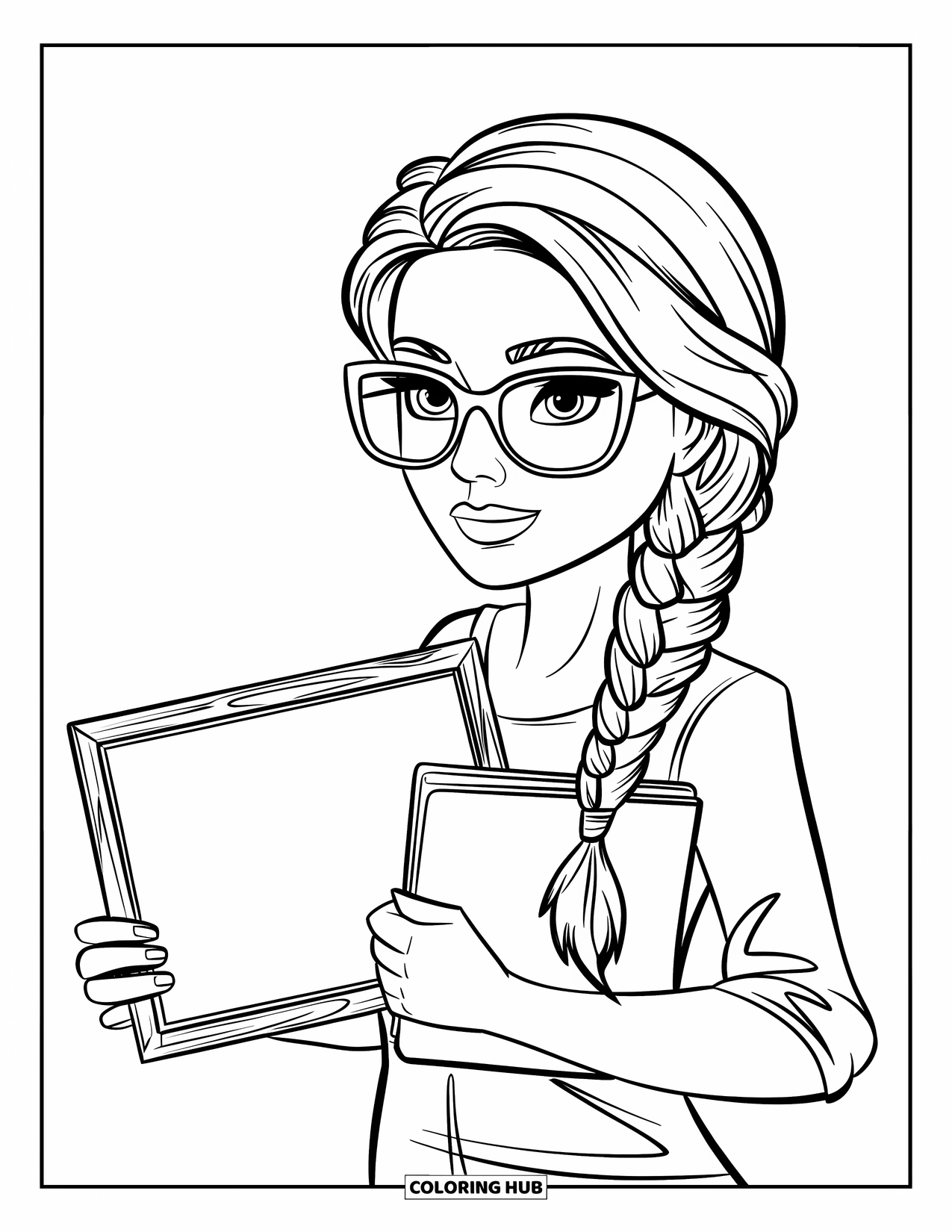 Woman Coloring Page for Kids: Teacher with glasses and braids holding chalkboard and book