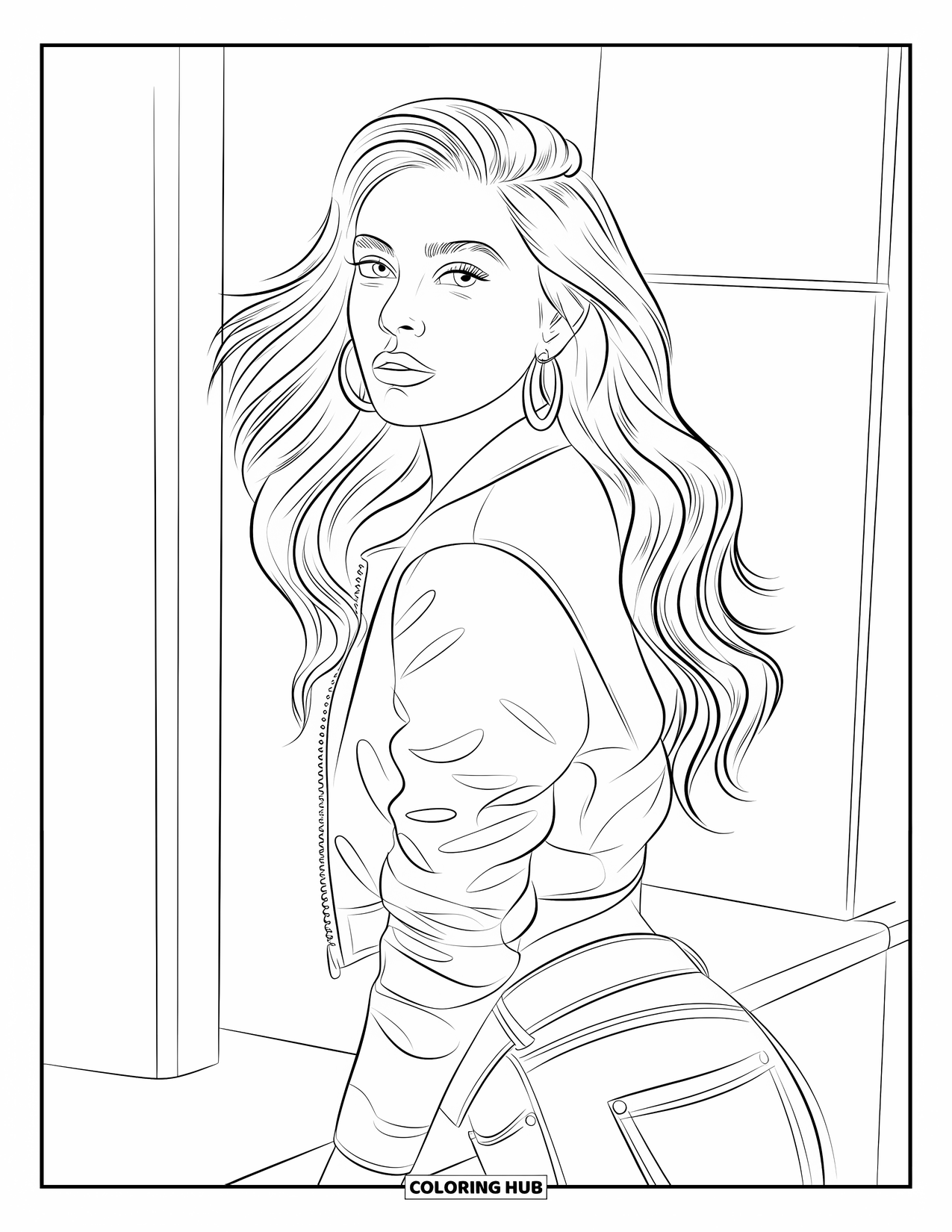 Woman Coloring Page for Kids: Trendy woman with long waves, hoop earrings, leaning casually