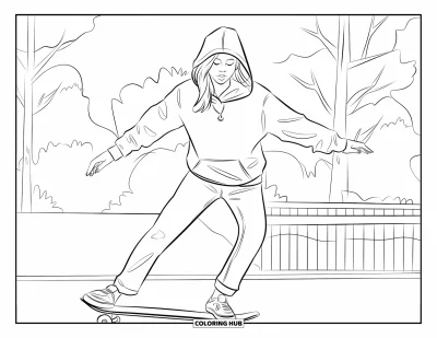 Omalovánka ženy pro děti: Žena na skateboardu v mikině poblíž stromů a plotu