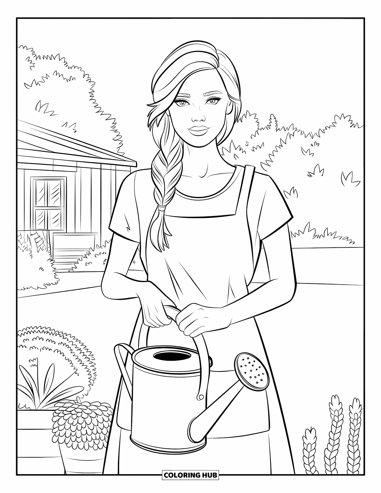 Woman Coloring Page for Kids: Woman with braid and apron gardening near her house