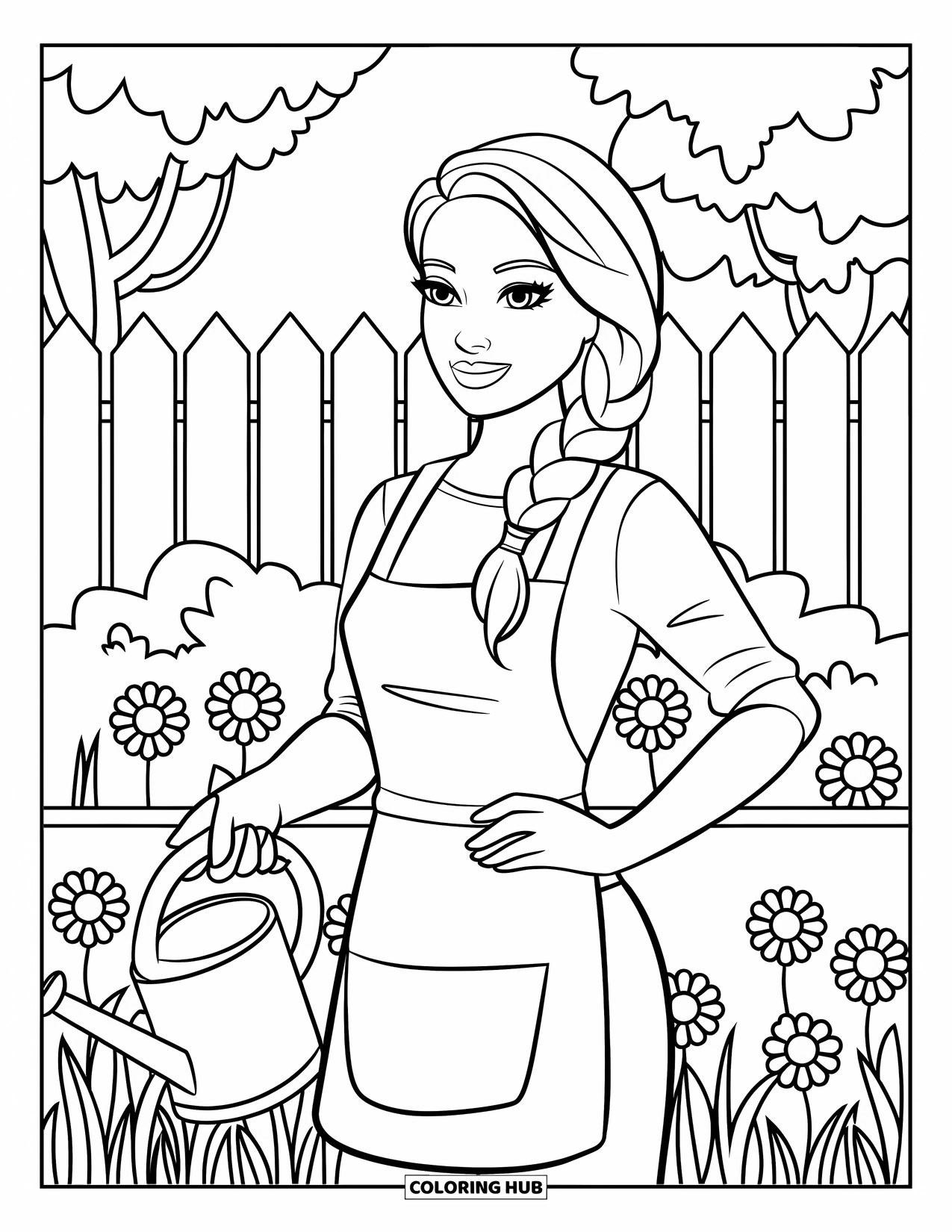 Woman Coloring Page for Kids: Woman with braid and apron watering flowers in the garden