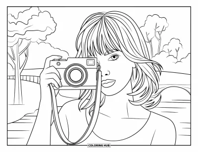 Omalovánka ženy pro děti: Žena s popruhem fotoaparátu fotografující krajinu