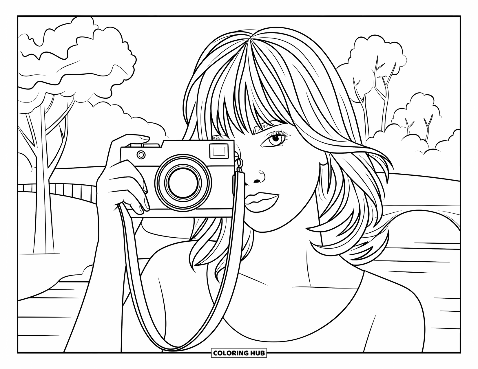 Woman Coloring Page for Kids: Woman with camera strap taking a scenic picture