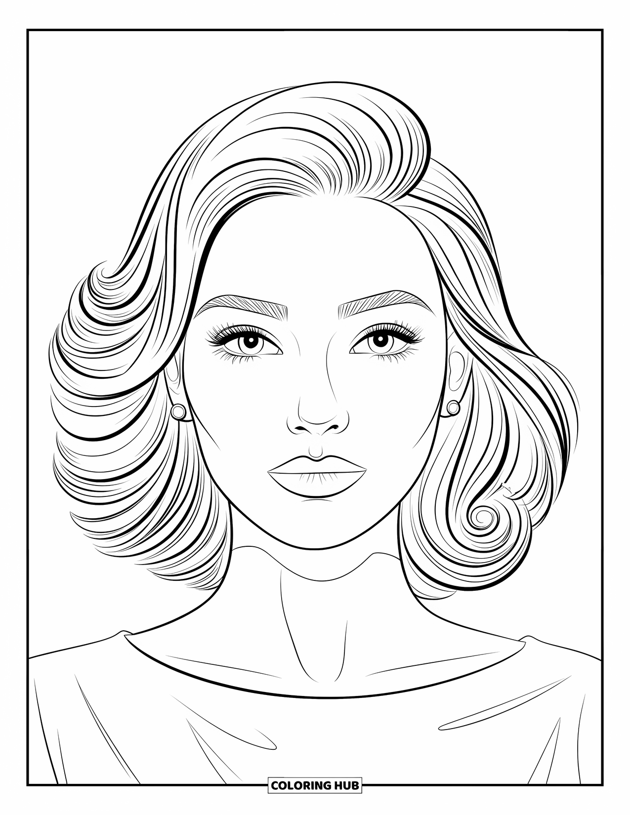 Woman Coloring Page for Kids: Woman with curls, bold brows, and a serene expression