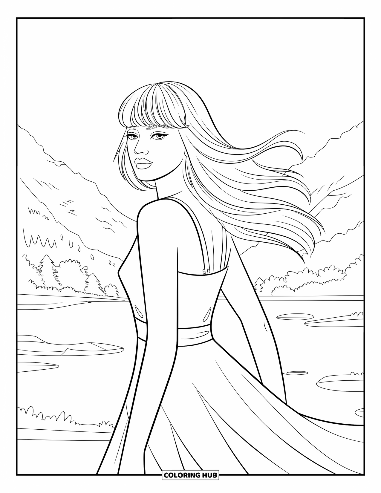 Woman Coloring Page for Kids: Woman with curtain bangs and flowy dress walking in the wind