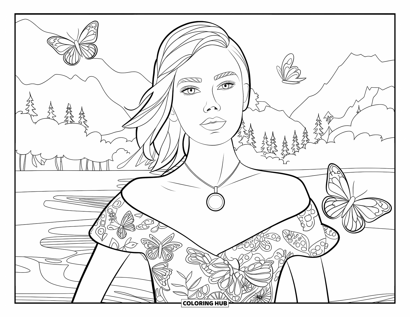 Woman Coloring Page for Kids: Woman with floral top and necklace, butterflies around her