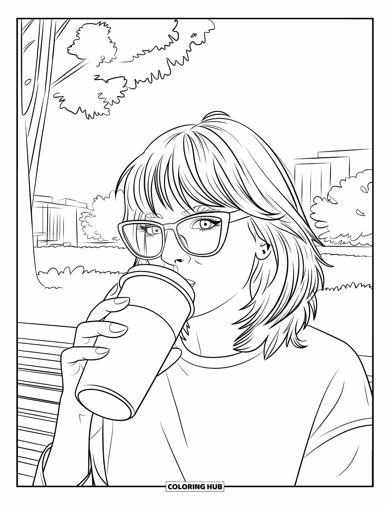 Woman Coloring Page for Kids: Woman with glasses sipping from a cup on a park bench