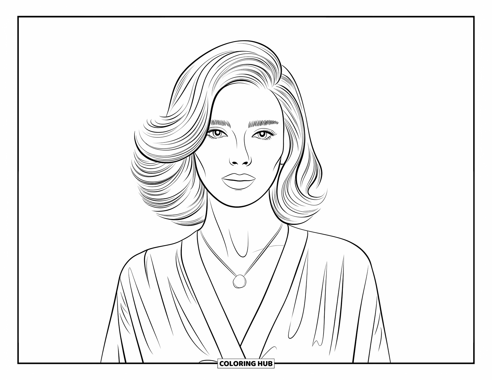 Woman Coloring Page for Kids: Woman with layered hair, relaxed jawline, and pendant necklace